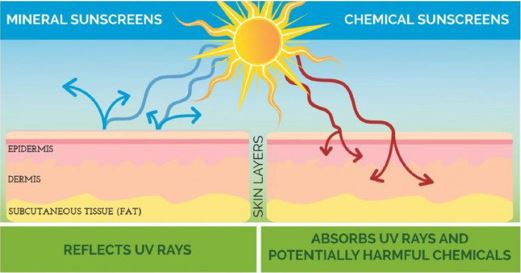 Mineral vs Chemical Sunscreen - Mineral sunscreens reflects UV rays and Chemical Sunscreens absorbs UV rays
